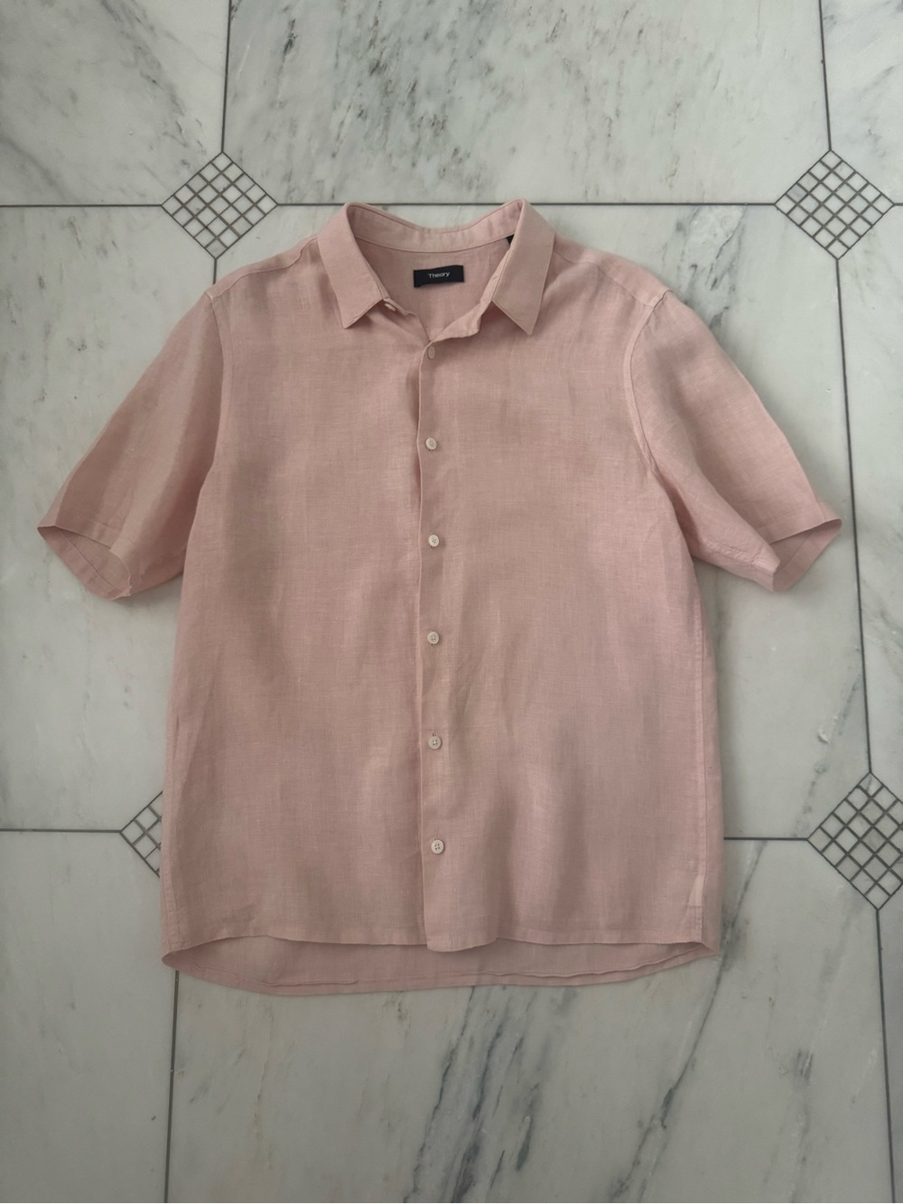 Theory Men's Short-Sleeve Linen Button-Down Shirt in Pale Pink